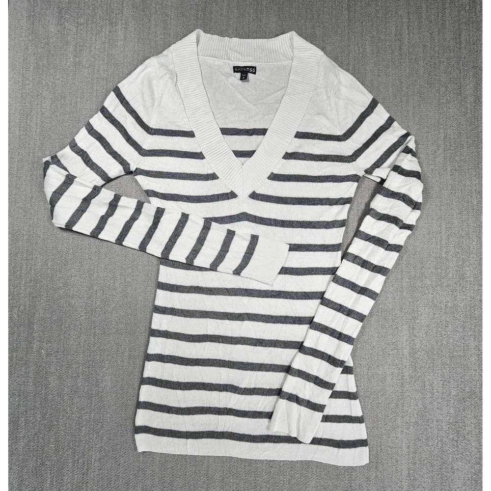 Express Women's Top V-neck Long Sleeve Gray White Sz Medium